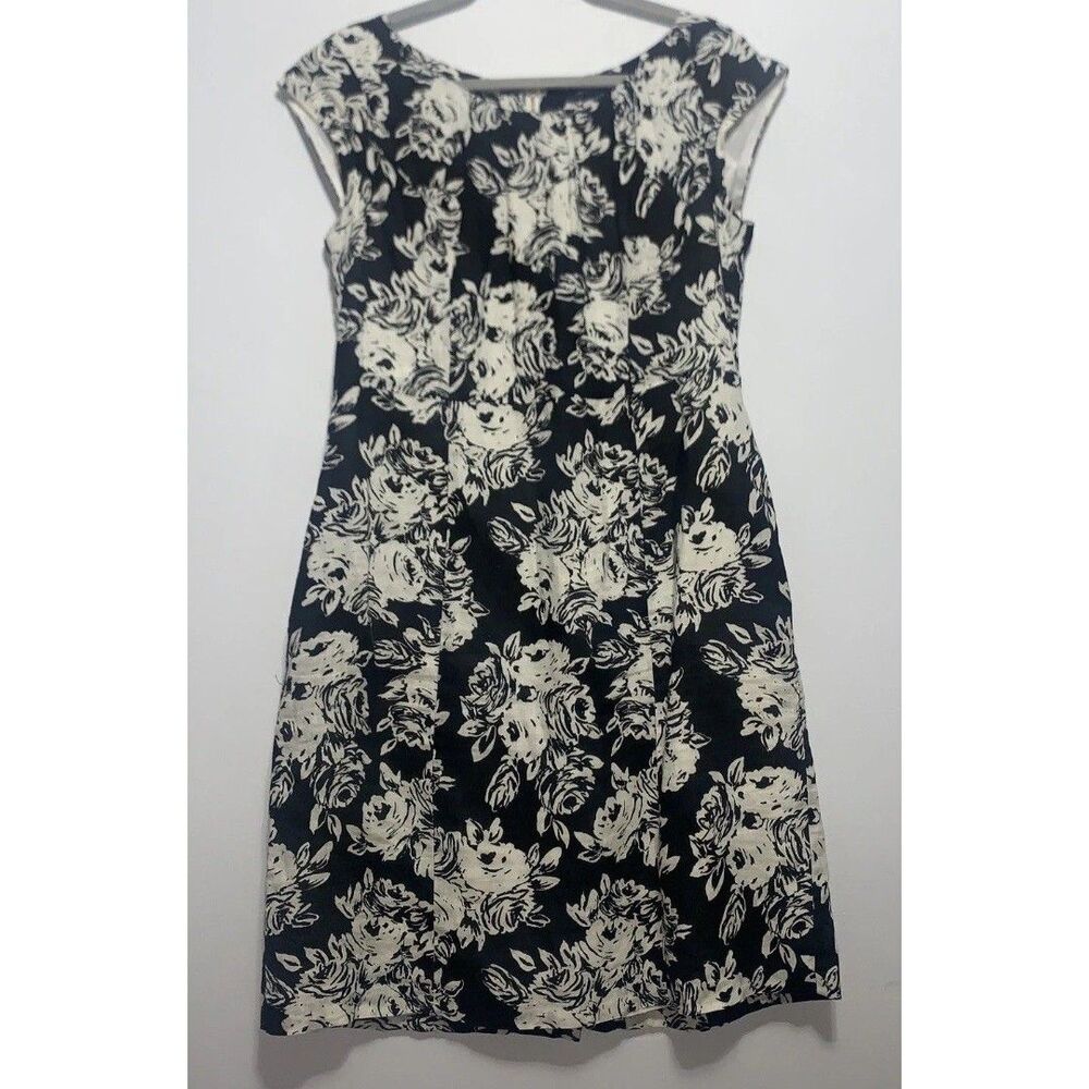 Lands End Lined Linen Dress Womens 10 Black White Floral Garden Casual Career